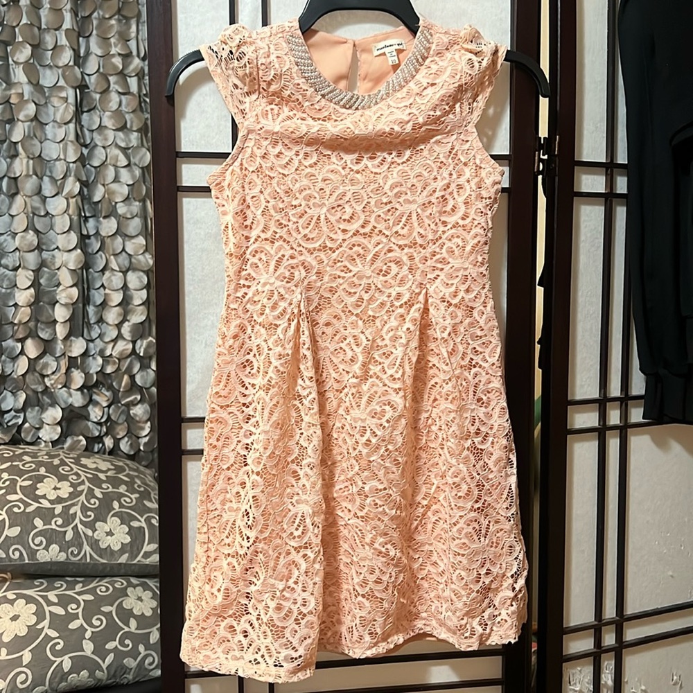 Peach color dress with beading and pearls